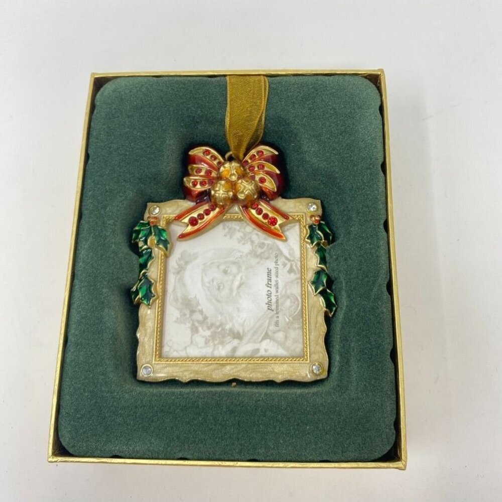 Costco Jeweled Gold Tone Picture Frame Square Ornament Red Bow Ivy Christmas. J2